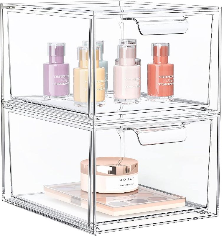 Photo 1 of SpaceHacks 2 Pack Stackable Makeup Organizer and Storage, Acrylic Organizers?Clear Plastic Storage Drawer with Handles for Vanity, Undersink, Kitchen Cabinets, Pantry