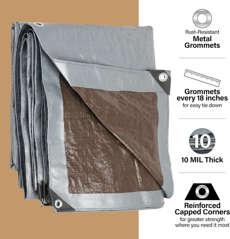 Photo 2 of 10x20 Heavy Duty Tarp, 10 Mil Thick, Waterproof, Tear & Fade Resistant, High Durability, UV Treated, Grommets Every 18 Inches. (Silver/Brown - Reversible) (10 x 20 Feet)