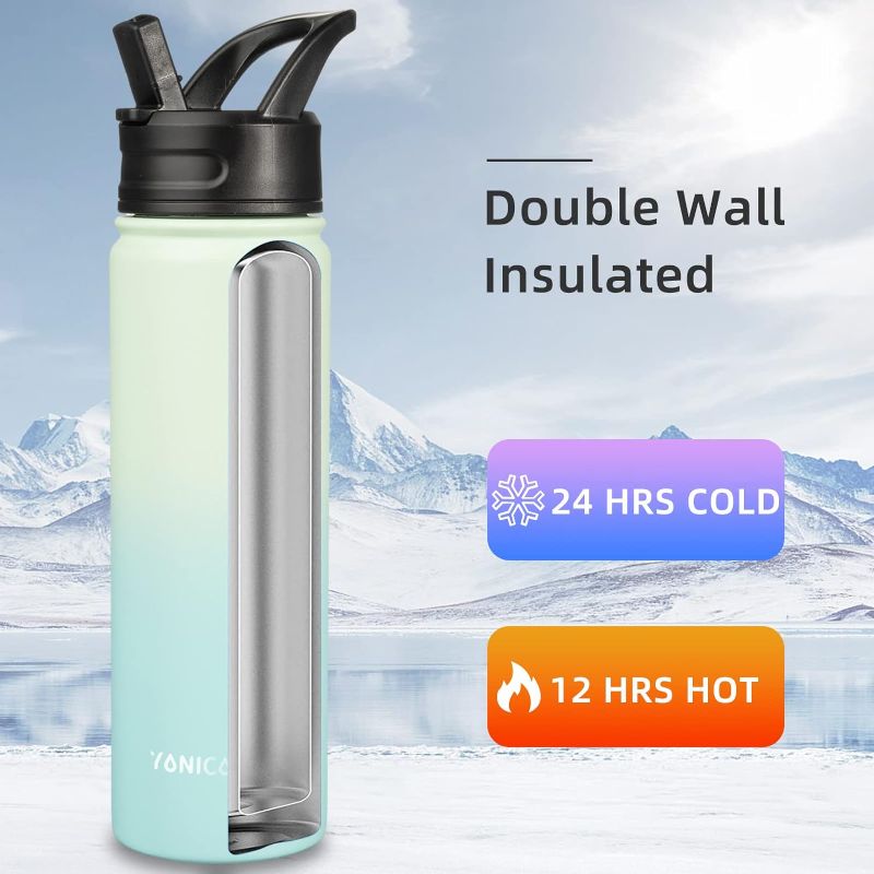 Photo 1 of Insulated Water Bottle with Straw, YONICOER 22Oz Stainless Steel Thermo Flask, Double Walled Vacuum Tumbler with 3 Leak-Proof Lids, Metal Water Bottle for School, Sports, Gym, Travel