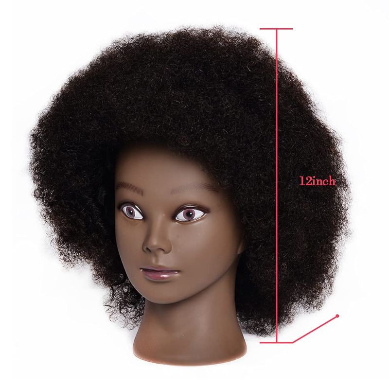 Photo 1 of Rruaneal Afro Hair Mannequin Head With 100% Human Hair Curly Cosmetology Doll Head Stand for Display Hairdresser Practice Braiding Styling Training head mannequin?2# Black 10Inch?