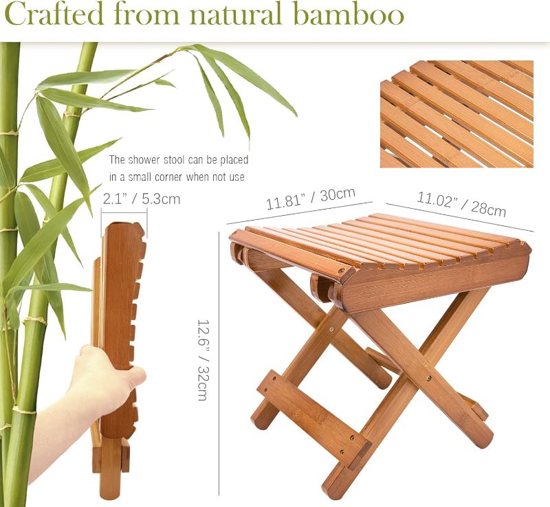 Photo 2 of LOYPP Folding Bamboo Stool for Shower, Leg Shaving and Foot Rest, Natural Bamboo Folding Stool, Folding Bamboo Shower Seat, Fully Assembled, 12 Inch High