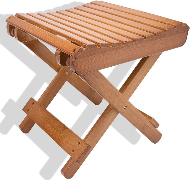 Photo 1 of LOYPP Folding Bamboo Stool for Shower, Leg Shaving and Foot Rest, Natural Bamboo Folding Stool, Folding Bamboo Shower Seat, Fully Assembled, 12 Inch High
