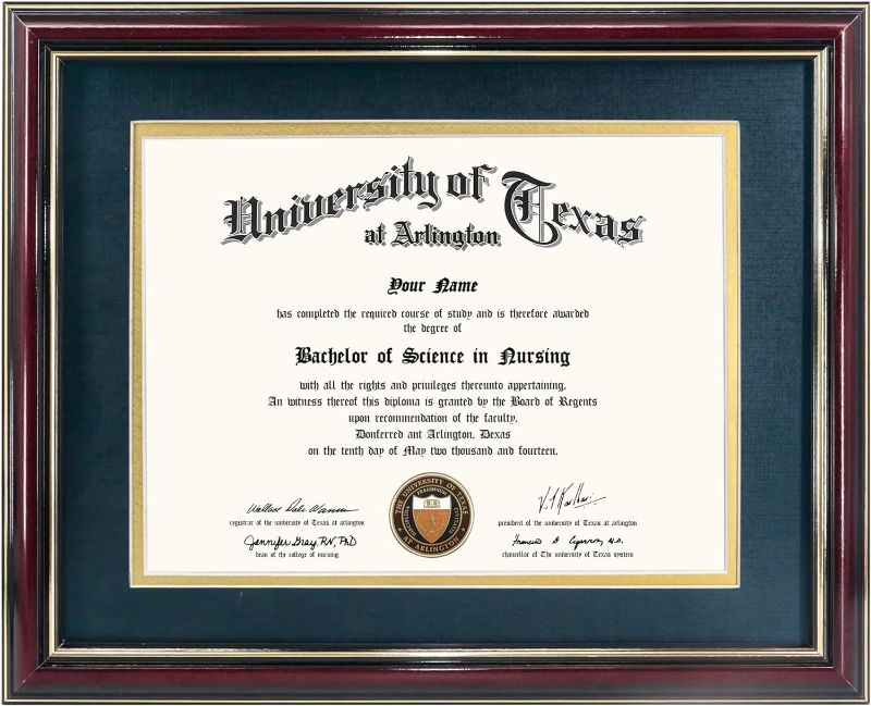 Photo 1 of GraduationMall 8.5x11 Diploma Frame with Navy over Gold Mat or Display 11x14 Certificate without Mat,Solid Wood & UV Protection Acrylic,Glossy Cherry Finish with Gold Trim