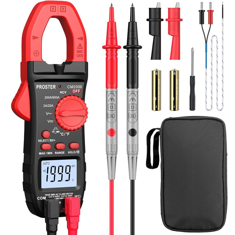 Photo 1 of Proster Auto-ranging Clamp Meter TRMS Multimeter with NCV 600A AC Current AC/DC Voltage Continuity Resistance Temperature Diode Hz Tester
