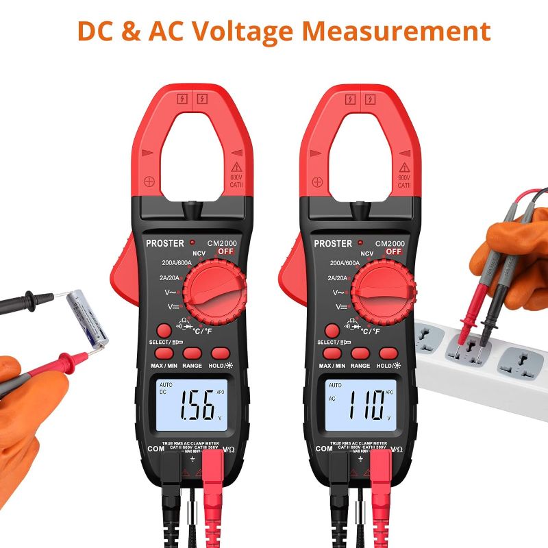 Photo 2 of Proster Auto-ranging Clamp Meter TRMS Multimeter with NCV 600A AC Current AC/DC Voltage Continuity Resistance Temperature Diode Hz Tester
