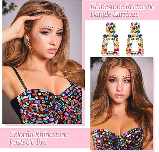 Photo 2 of Rhinestone Push up Bra Clubwear Colorful Beaded Bustier Crop Top Bra Crystal Rectangle Dangle Earrings, Size Large 