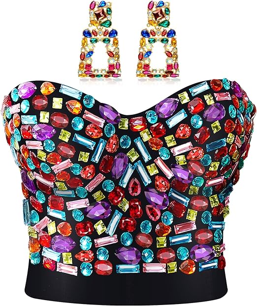 Photo 1 of Rhinestone Push up Bra Clubwear Colorful Beaded Bustier Crop Top Bra Crystal Rectangle Dangle Earrings, Size Large 