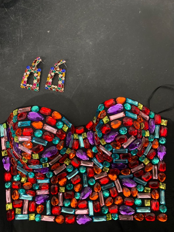 Photo 3 of Rhinestone Push up Bra Clubwear Colorful Beaded Bustier Crop Top Bra Crystal Rectangle Dangle Earrings, Size Large 