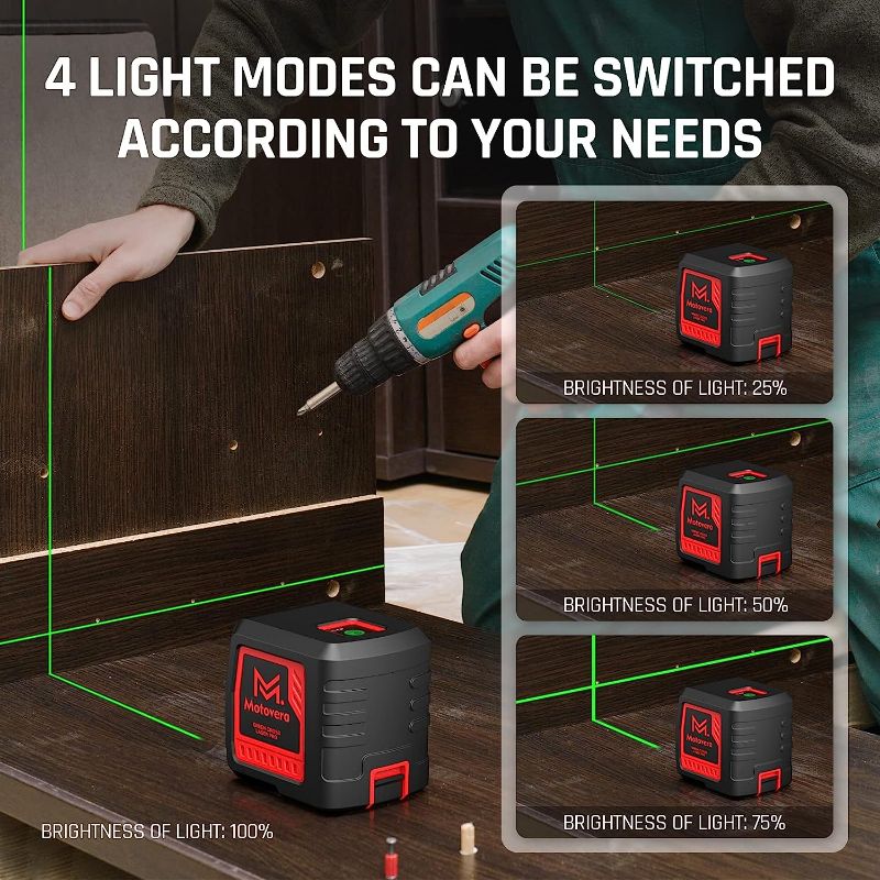 Photo 2 of Motovera Laser Level, 100 feet Self Leveling Laser Level, Green Cross Line Self leveling, 4 Brightness Adjustment, Manual Self leveling and Pulse Mode, IP54 Waterproof Battery Carrying Bag Included