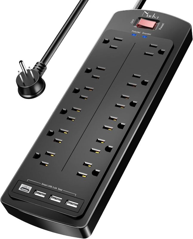 Photo 1 of Power Strip, Nuetsa Surge Protector with 12 Outlets and 4 USB Ports, 6 Feet Flat Plug Extension Cord (1875W/15A) for for Home, Office, Dorm Essentials, 2700 Joules, ETL Listed (Black)