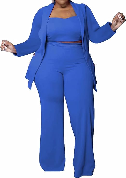 Photo 1 of Women's Plus Size 3 Piece Sets Outfit Tracksuit Crop Top Blazer Jacket and Wide Leg Long Pants Jumpsuit Romper Suits X-Large