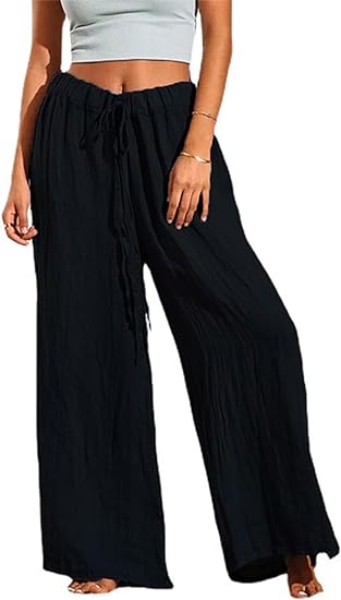 Photo 1 of Women's Pleated Cotton Linen Drawstring Wide Leg Pants Casual Flowy High Waist Trousers with Pockets XL 