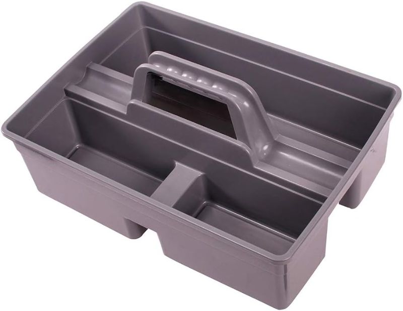 Photo 1 of Plastic Storage Tray Tote- Versatile Multiuse Caddy with Attached Portable Handle to Organize and Carry Tools 14.9 10.8 4.5 inch High Capacity (Gray)