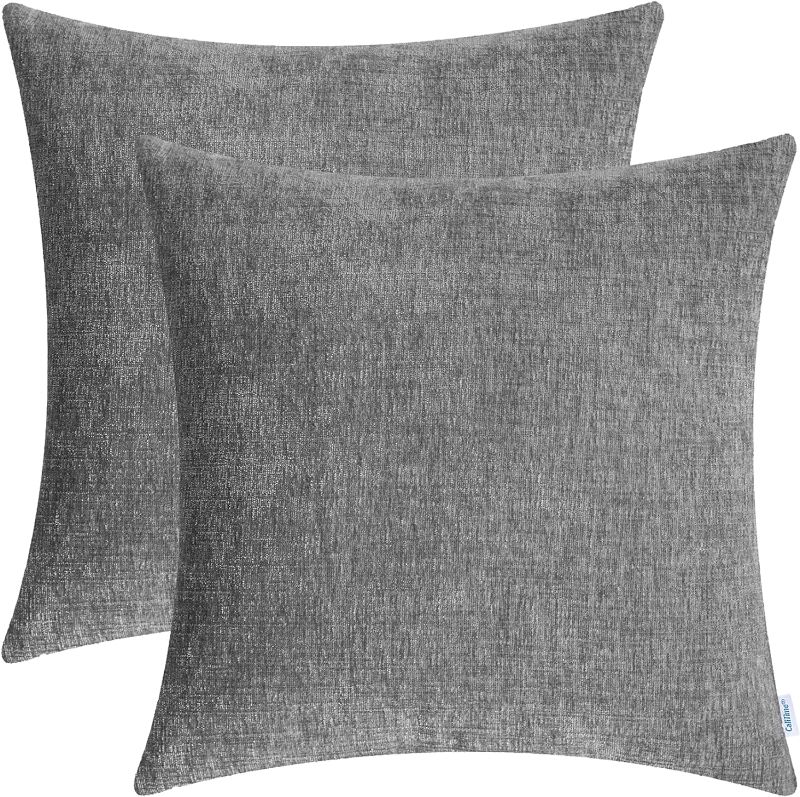 Photo 1 of  Pack of 2 Cozy Throw Pillow Covers Cases for Couch Sofa Home Decoration Solid Dyed Soft Chenille 18 X 18 Inches Medium Grey