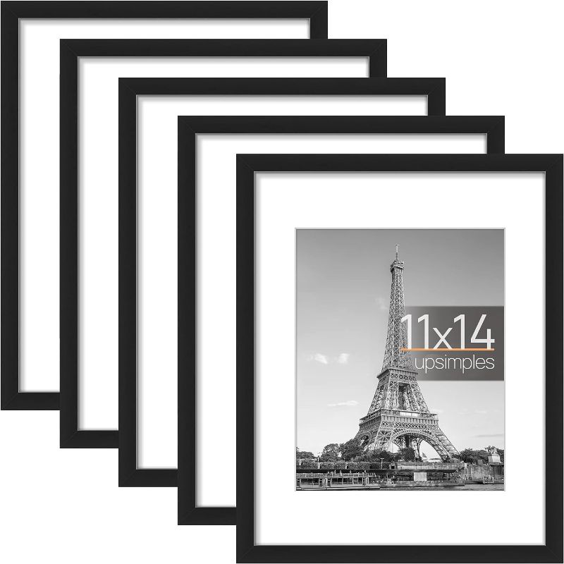 Photo 1 of 11x14 Picture Frame Set of 5, Display Pictures 8x10 with Mat or 11x14 Without Mat, Wall Gallery Photo Frames, Black
