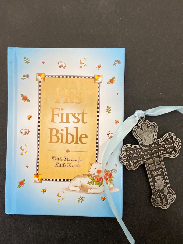 Photo 1 of Baby Boy First Bible and 4" Pewter Baptism Guardian Angel Crib Cross (Original Version)