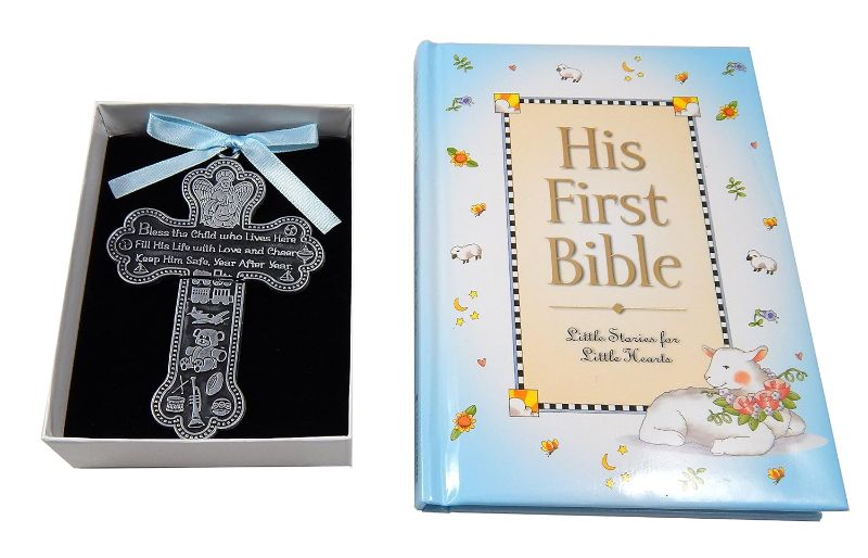 Photo 1 of Baby Boy First Bible and 4" Pewter Baptism Guardian Angel Crib Cross (Original Version)