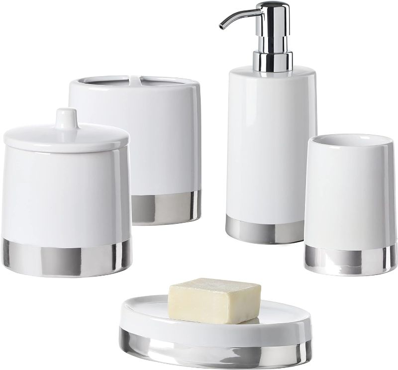 Photo 1 of Motifeur Bathroom Accessories Set, 5-Piece Ceramic Bath Accessory Complete Set with Lotion Dispenser/Soap Pump, Cotton Jar, Soap Dish, Tumbler and Toothbrush Holder (White and Silver)