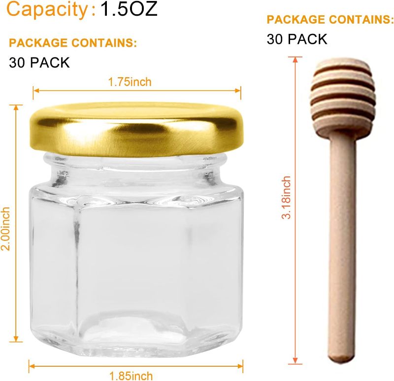 Photo 2 of Woaiwo-q 1.5 oz Hexagon Mini Glass Honey Jars, 30 Pack Hexagon Glass Jars with Lids(Golden),Wooden Honey Sticks,Bronzy Bee Pendants,Small Tags, Jute Twine for Honey, Wedding Favors,Jams.
