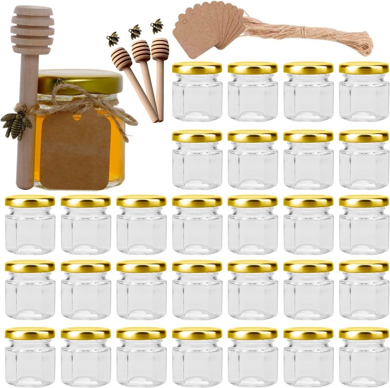 Photo 1 of Woaiwo-q 1.5 oz Hexagon Mini Glass Honey Jars, 30 Pack Hexagon Glass Jars with Lids(Golden),Wooden Honey Sticks,Bronzy Bee Pendants,Small Tags, Jute Twine for Honey, Wedding Favors,Jams.

