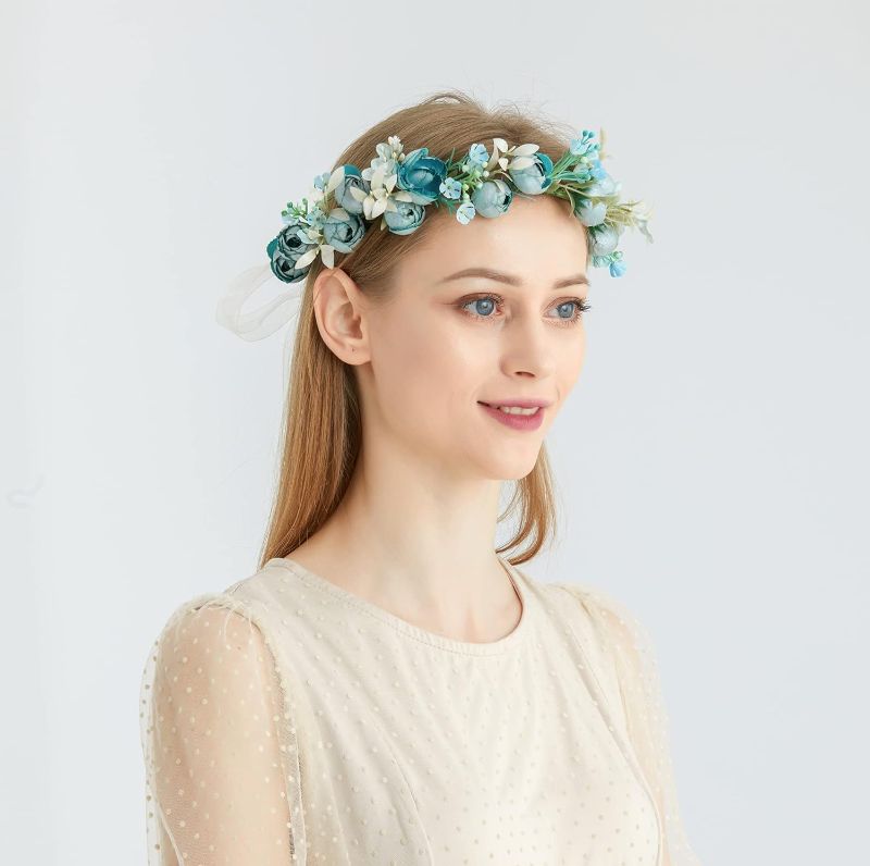 Photo 2 of Floral Fall Wedding Bridal Camellia Flower Crown BohoHeadpiece Flower Girl Halo Maternity Photo Props FL-27 (Blue)