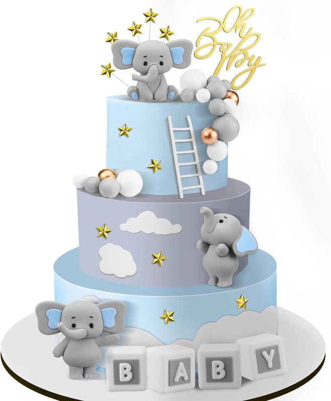 Photo 1 of 41 Pcs/Set Bear Cake Toppers Mini Bear Cake Decorations Cake Toppers Gold White Pearl Ball for Boy Girl Baby Shower Birthday Party Decorations (Gray, Elephant Style)