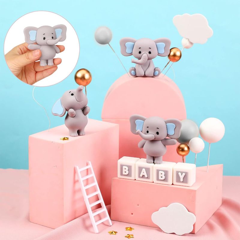 Photo 2 of 41 Pcs/Set Bear Cake Toppers Mini Bear Cake Decorations Cake Toppers Gold White Pearl Ball for Boy Girl Baby Shower Birthday Party Decorations (Gray, Elephant Style)