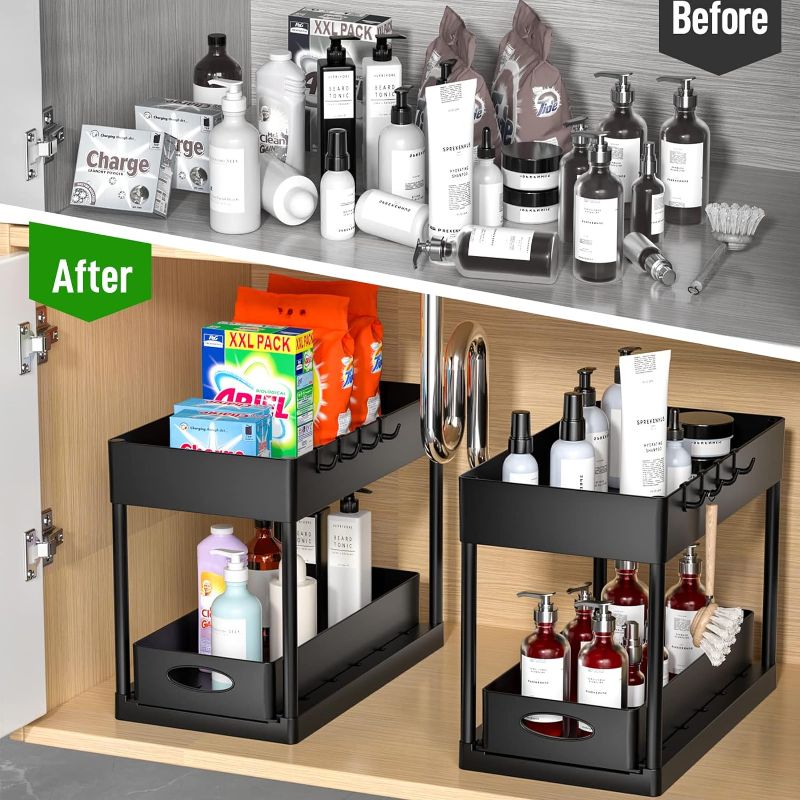 Photo 2 of PUILUO Under Sliding Cabinet Basket Organizer, 2 Tier Under Sink Organizers Black Under Sink Storage for Bathroom Kitchen