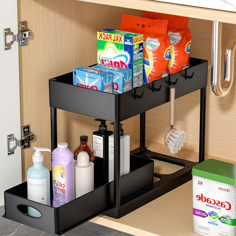 Photo 1 of PUILUO Under Sliding Cabinet Basket Organizer, 2 Tier Under Sink Organizers Black Under Sink Storage for Bathroom Kitchen