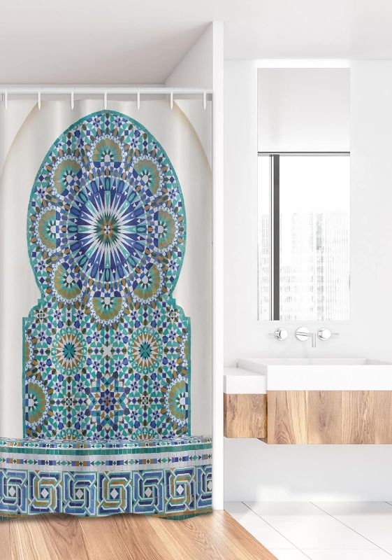 Photo 2 of  Moroccan Stall Shower Curtain, Ceramic Tile Antique East Pattern Heritage Architecture Print, Fabric Bathroom Decor Set with Hooks, 36" W x 72" L, Pale Coffee Turquoise