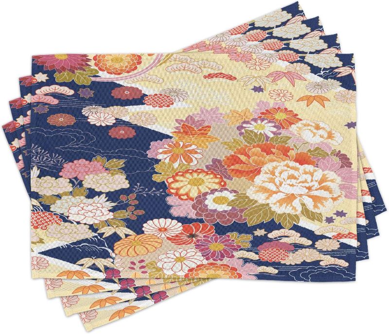 Photo 1 of Ambesonne Japanese Place Mats Set of 4, Traditional Kimono Motifs Composition Floral Patterns Vintage Art, Washable Fabric Placemats for Dining Table, Standard Size, Cream Indigo