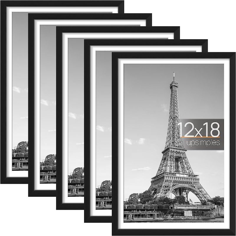 Photo 1 of upsimples 12x18 Picture Frame Set of 5, Display Pictures 11x17 with Mat or 12x18 Without Mat, Wall Gallery Photo Frames, Black