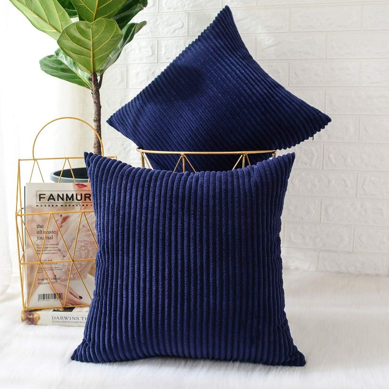 Photo 1 of Pack of 2, Corduroy Soft Decorative Square Throw Pillow Cover Cushion Covers Pillowcase, Home Decor Decorations for Sofa Couch Bed Chair 18x18 Inch/45x45 cm (Striped Dark Blue)