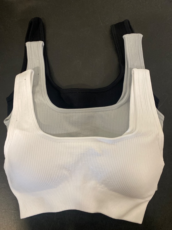Photo 2 of Women's 3 Piece Medium Support Tank Top Ribbed Seamless Removable Cups Workout Exercise Sport Bra- Size S