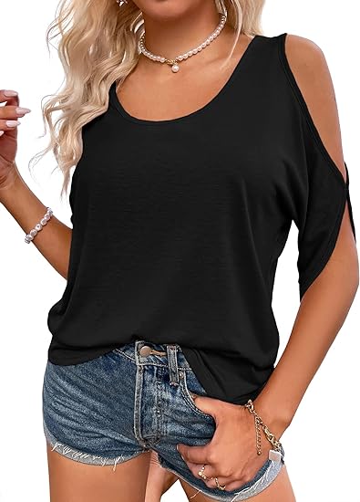 Photo 1 of Women Cold Shoulder Tops Summer Short Sleeve Shirt Scoop Neck Tee Casual Loose Fitting Solid Color Tunic Top- Size M