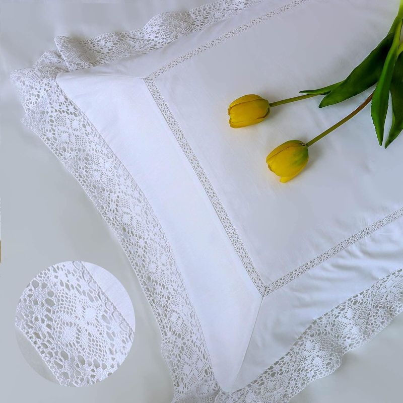 Photo 1 of Set of 2 Lace Embroidery Pillow Cases, 100% Cotton King Size, White Good Feeling Pillow Covers with Envelpoe Closure, Softer and Breathable Pillow Shams (20 x 36)