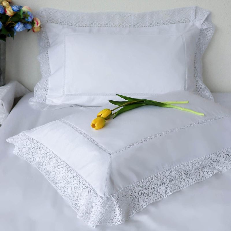 Photo 2 of Set of 2 Lace Embroidery Pillow Cases, 100% Cotton King Size, White Good Feeling Pillow Covers with Envelpoe Closure, Softer and Breathable Pillow Shams (20 x 36)