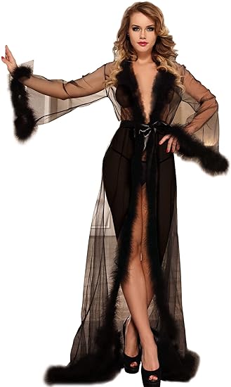 Photo 1 of Women Lingerie Robe Long Sheer Kimono Robe Nightgown Bridal Robe with Fur -size L