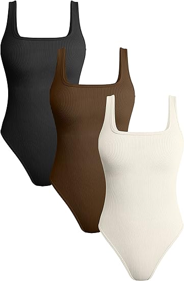 Photo 1 of Women's 3 Piece Bodysuits Ribbed Square Neck Sleeveless Tank Tops Bodysuits-size M