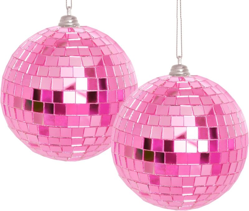 Photo 1 of 6 packs of 2 Pieces Disco Mirror Balls Hanging Ball for 50s 60s 70s Disco DJ Light Effect Party Home Decoration Stage Props School Festivals Party Favors and Supplies 4 Inch (4inch, Pink) 
