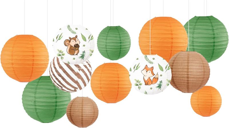Photo 1 of NICROLANDEE Paper Lanterns Decorations,12 PCS Forest Animal Hanging Paper Lanterns for Baby Shower, Woodland Party, Birthday Party, Jungle Animal Party, Hanging Decor from Ceiling