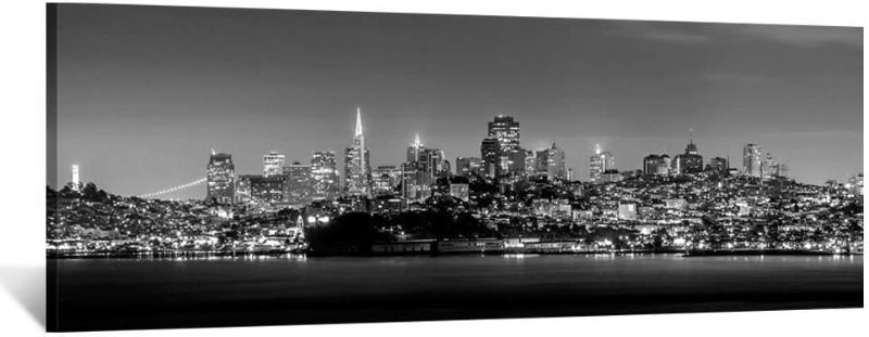 Photo 1 of Black and White Canvas Prints San Francisco Skyline at Night Painting Wall Art Decor Long USA Califonia Urban City Panoramic Picture Giclee Artwork for Office Decoration 55x20inch