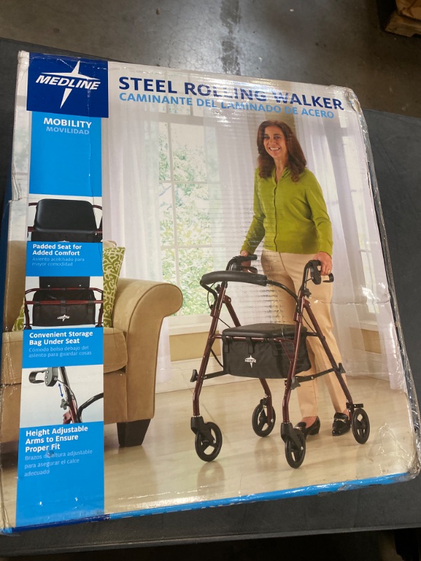 Photo 3 of Medline Rollator Walker with Seat, Steel Rolling Walker with 6-inch Wheels Supports up to 350 lbs, Medical Walker, Burgundy