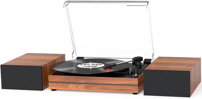 Photo 1 of Record Player for Vinyl with External Speakers, Belt-Drive Turntable Dual Stereo Speakers Vintage LP Support 3 Speed Wireless AUX Headphone Input Auto Stop Music Lover Walnut Red