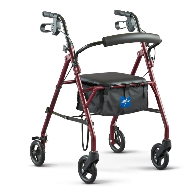 Photo 1 of Medline Rollator Walker with Seat, Steel Rolling Walker with 6-inch Wheels Supports up to 350 lbs, Medical Walker, Burgundy