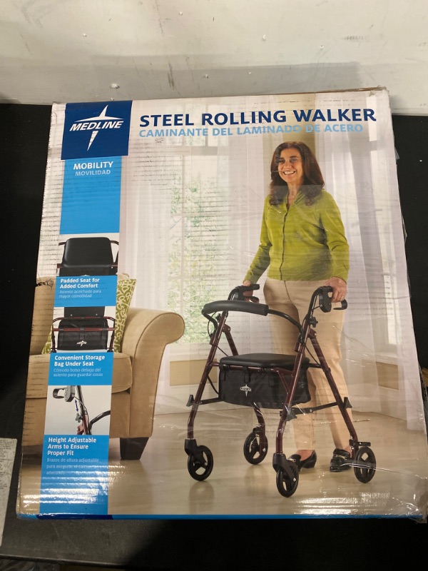 Photo 3 of Medline Rollator Walker with Seat, Steel Rolling Walker with 6-inch Wheels Supports up to 350 lbs, Medical Walker, Burgundy