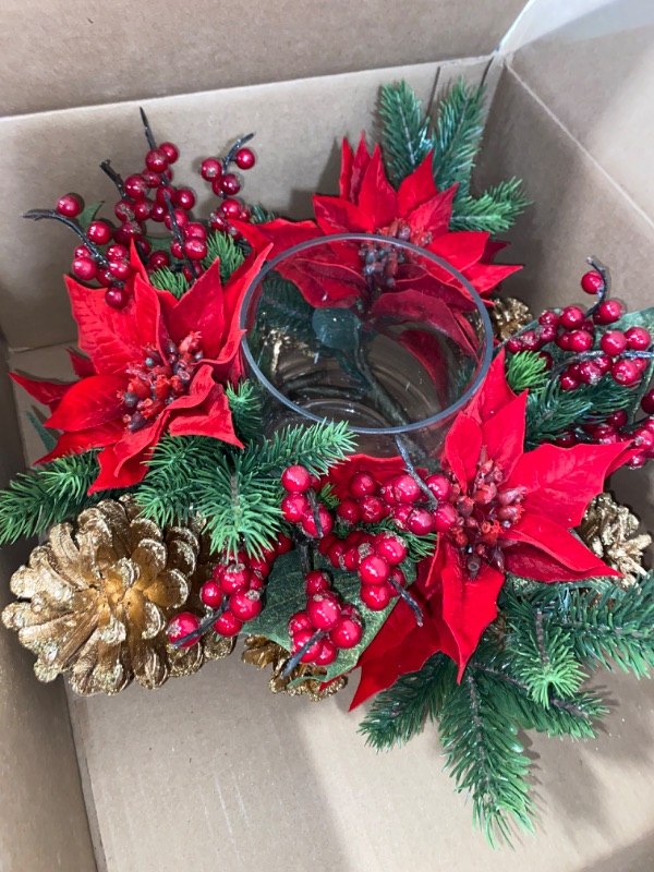 Photo 2 of Nearly Natural Poinsettia, Berry and Golden Pine Cone Candelabrum Artificial Silk Arrangements Red