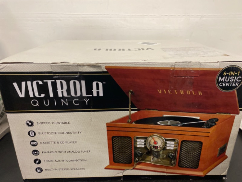 Photo 3 of Victrola Nostalgic 6-in-1 Bluetooth Record Player & Multimedia Center with Built-in Speakers - 3-Speed Turntable, CD & Cassette Player, FM Radio | Wireless Music Streaming | Mahogany Mahogany Entertainment Center