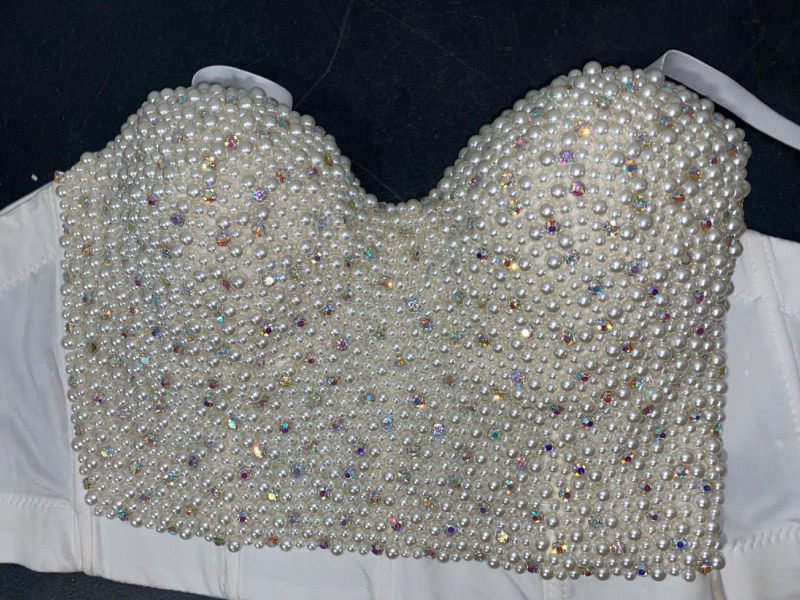Photo 2 of Sexy Pearls Beaded Rhinestone Bustier Crop Top Push up Corset Top with Detachable Straps- Size M
