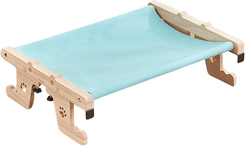 Photo 1 of HyKab Cat Hammock Window Perch Wooden Kitten Cat Bed Durable Multifunctional Easily Install Cat Shelf Space Saving for Floor, Bedside, Sofa, Blue Paw Pattern Hammock (Color : Blue Paw Pattern)